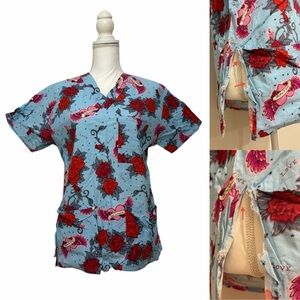 Comfy Cotton Scrubs Floral & Heart Print Nursing Medical Scrub Top Women’s Small